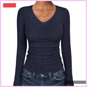 Long Sleeve V Neck Ribbed Knit Fitted Basic Top Women's Size